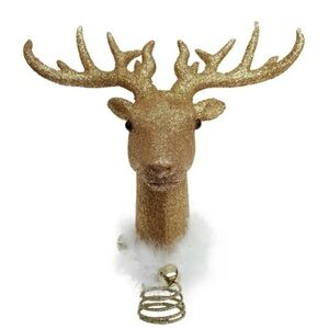 Holiday Time 14" Gold Glitter Deer Head with Feather Scarf Tree Topper